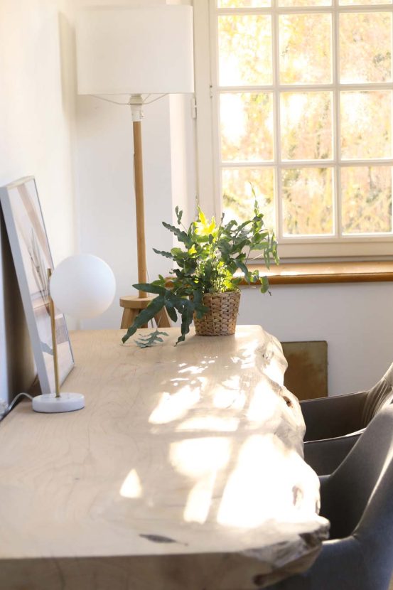 Un bureau en planche de bois massif qui baigne dans la lumière du jardin